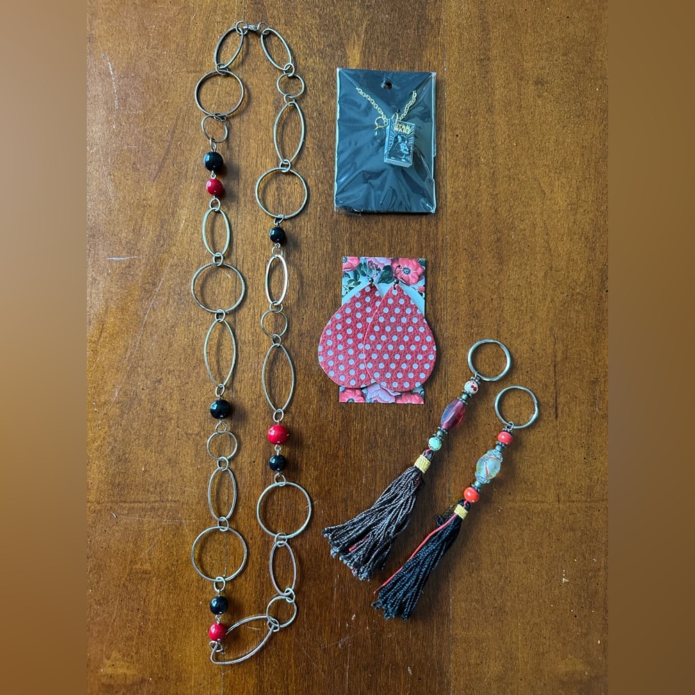 “Funky Fun” set - Silver and Red Beaded Necklace with Tassel Keychains